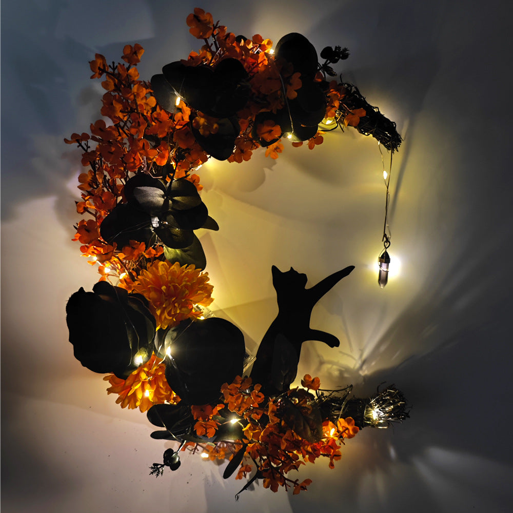 14 Inch Moon Cat Halloween Glowing Artificial Flower Rattan Wreath for Front Door, Bulk Wholesale