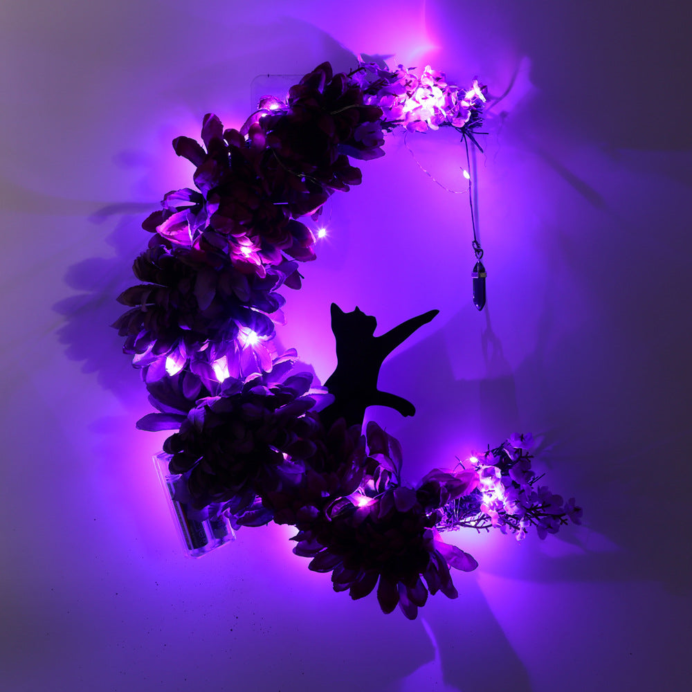 14 Inch Moon Cat Halloween Glowing Artificial Flower Rattan Wreath for Front Door, Bulk Wholesale