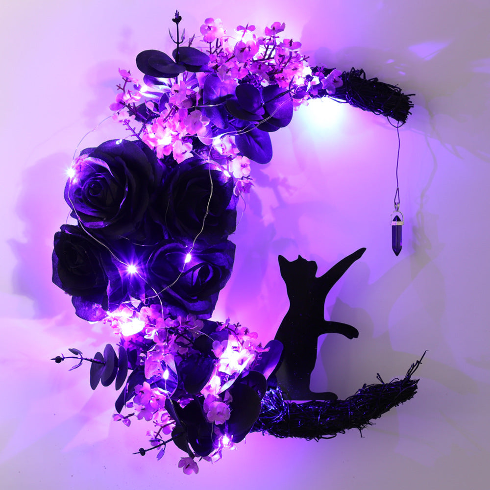 14 Inch Moon Cat Halloween Glowing Artificial Flower Rattan Wreath for Front Door, Bulk Wholesale