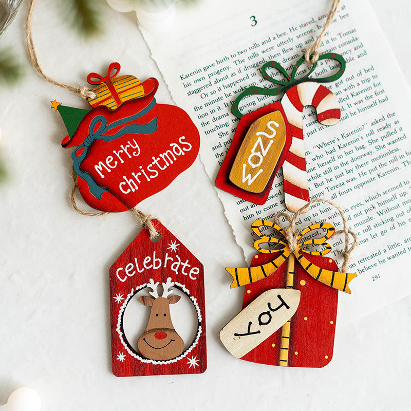 14 PCS Wooden Christmas Tree Hanging Ornaments with String, Bulk Holiday Party Decor