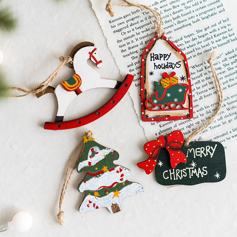 14 PCS Wooden Christmas Tree Hanging Ornaments with String, Bulk Holiday Party Decor