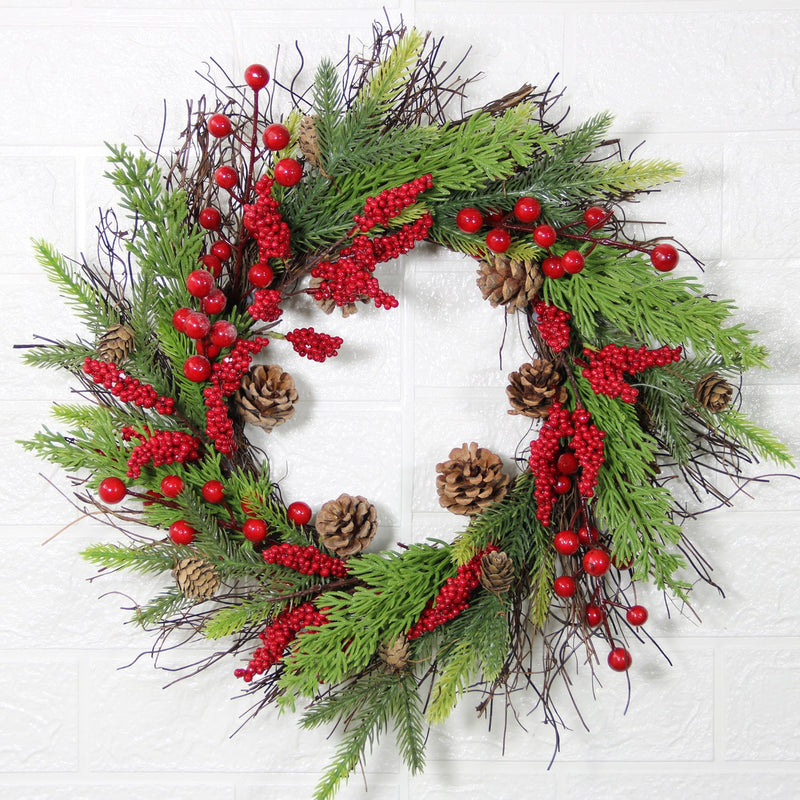 16 Inch Artificial Christmas Wreath with Red Berries, Pine Needles, and Pine Cones for Front Door Wall Hanging Home Decor