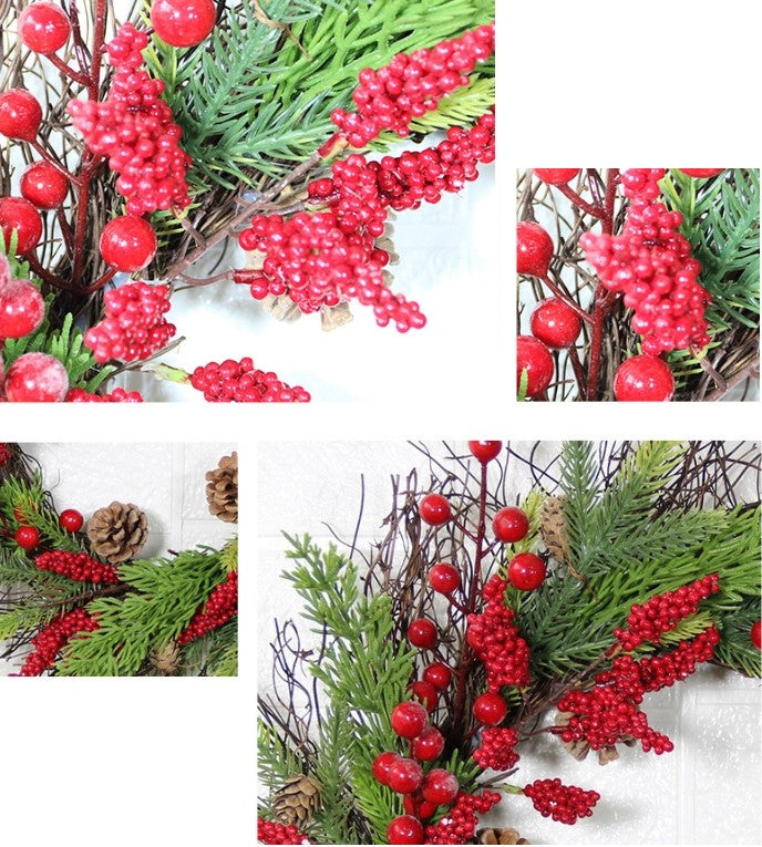 16 Inch Artificial Christmas Wreath with Red Berries, Pine Needles, and Pine Cones for Front Door Wall Hanging Home Decor