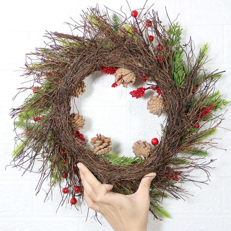 16 Inch Artificial Christmas Wreath with Red Berries, Pine Needles, and Pine Cones for Front Door Wall Hanging Home Decor