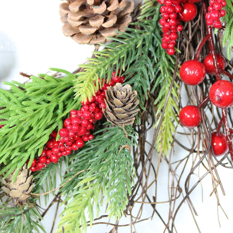 16 Inch Artificial Christmas Wreath with Red Berries, Pine Needles, and Pine Cones for Front Door Wall Hanging Home Decor