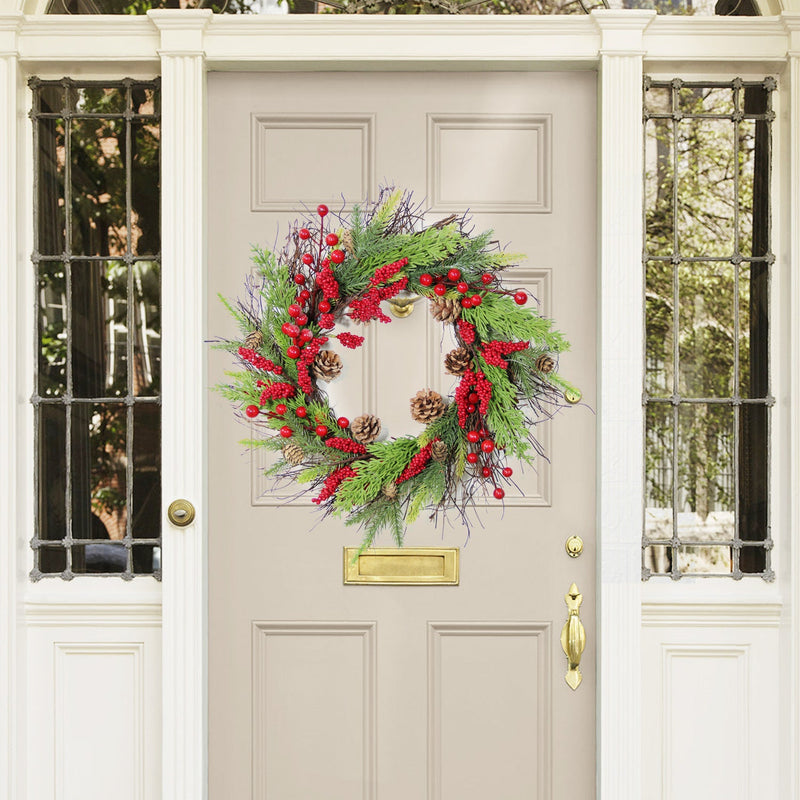 16 Inch Artificial Christmas Wreath with Red Berries, Pine Needles, and Pine Cones for Front Door Wall Hanging Home Decor