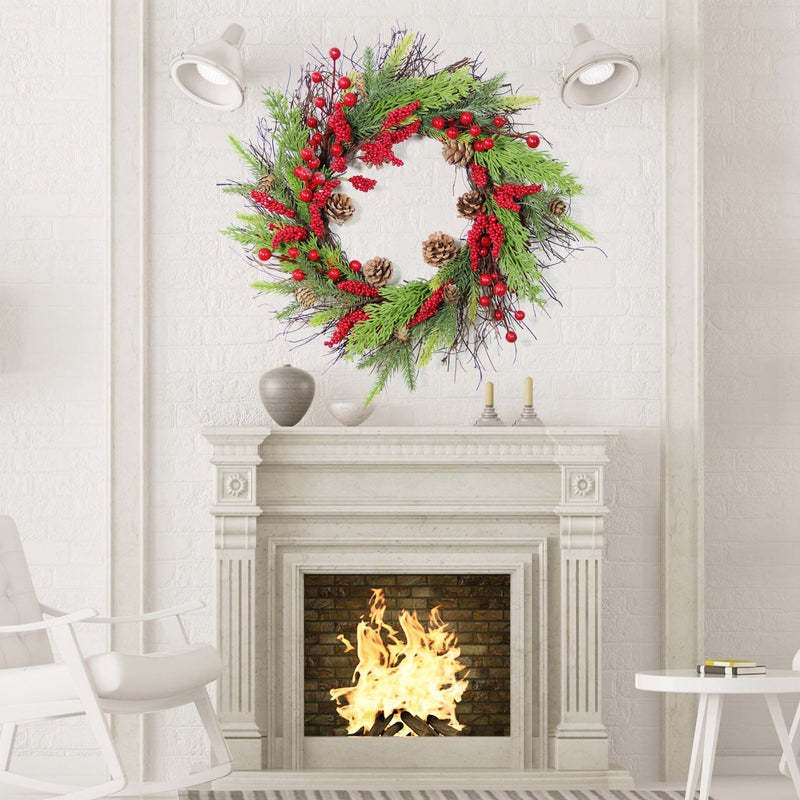 16 Inch Artificial Christmas Wreath with Red Berries, Pine Needles, and Pine Cones for Front Door Wall Hanging Home Decor
