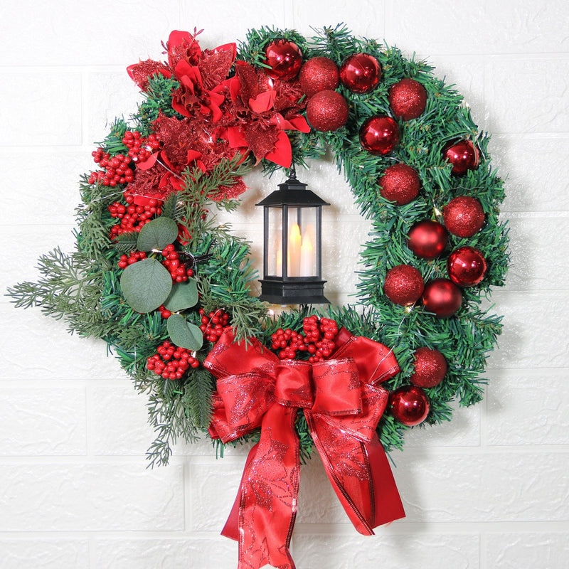 16 Inch Red Glitter Poinsettia Artificial Flowers with Red Berries and LED Candle Ornament for Christmas Wreath Front Door Wall Hanging