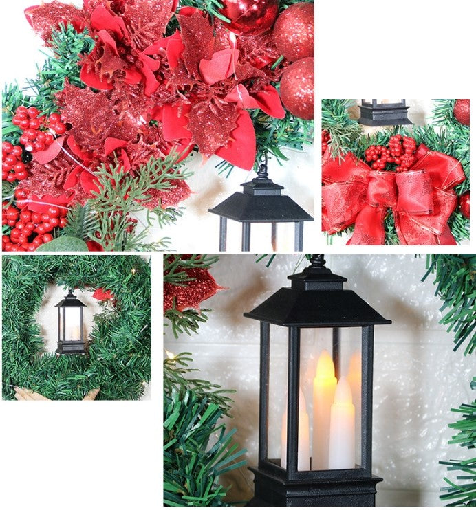 16 Inch Red Glitter Poinsettia Artificial Flowers with Red Berries and LED Candle Ornament for Christmas Wreath Front Door Wall Hanging