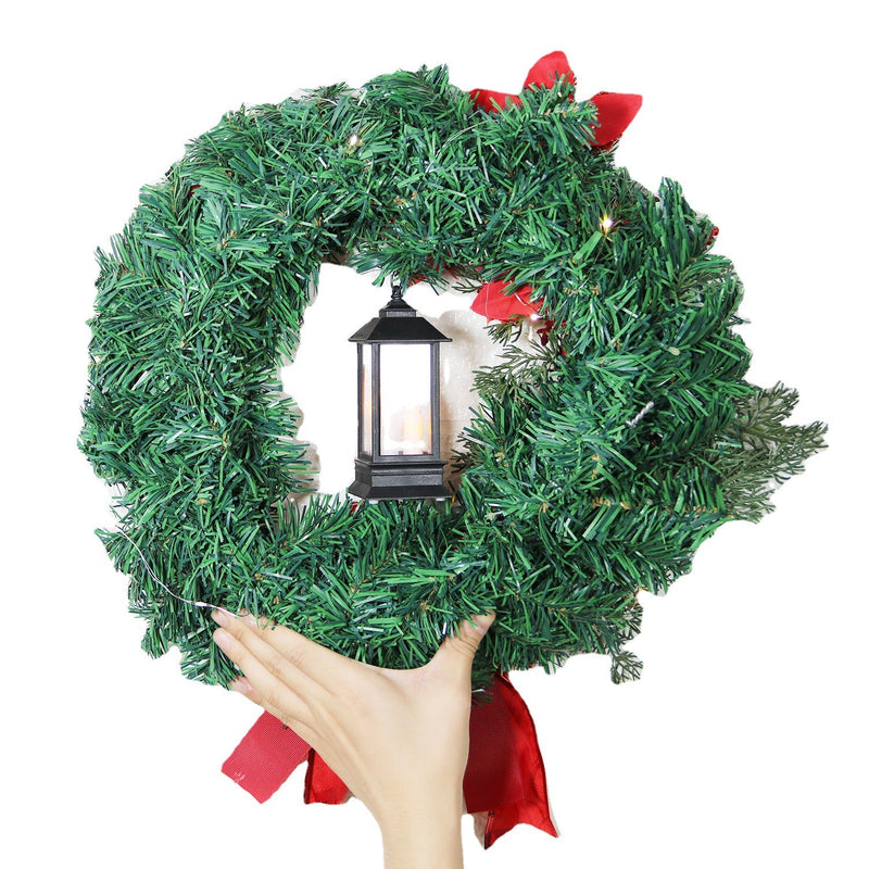 16 Inch Red Glitter Poinsettia Artificial Flowers with Red Berries and LED Candle Ornament for Christmas Wreath Front Door Wall Hanging