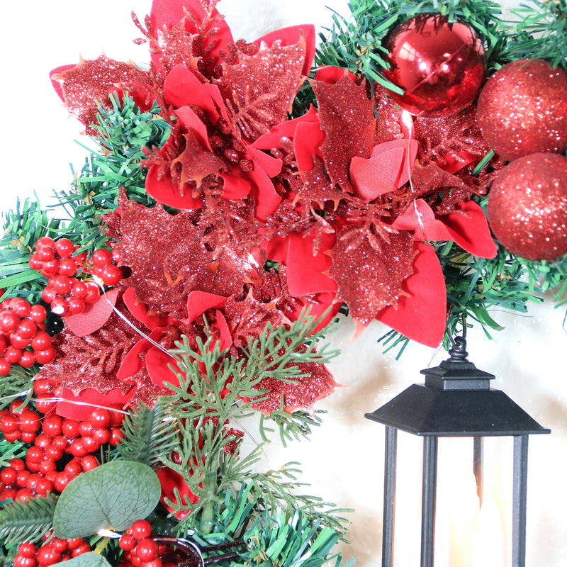 16 Inch Red Glitter Poinsettia Artificial Flowers with Red Berries and LED Candle Ornament for Christmas Wreath Front Door Wall Hanging