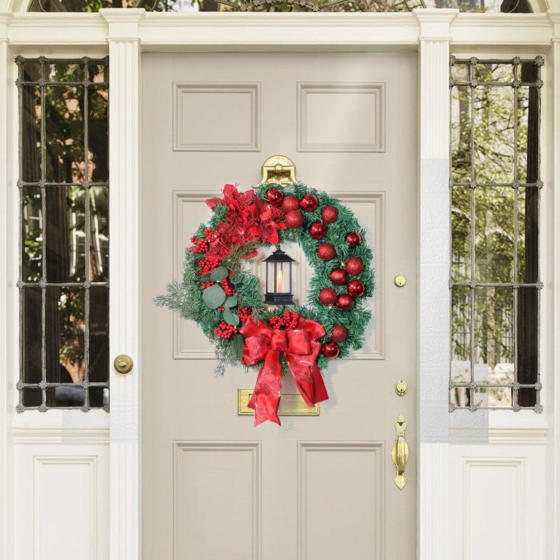 16 Inch Red Glitter Poinsettia Artificial Flowers with Red Berries and LED Candle Ornament for Christmas Wreath Front Door Wall Hanging