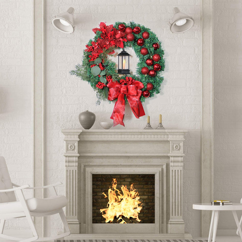 16 Inch Red Glitter Poinsettia Artificial Flowers with Red Berries and LED Candle Ornament for Christmas Wreath Front Door Wall Hanging