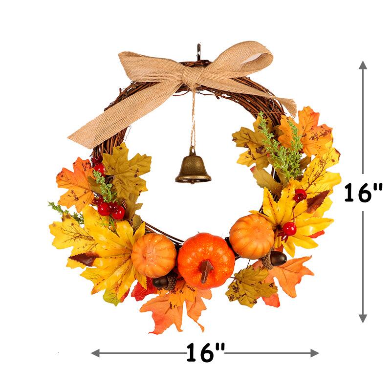 16 Inch Fall Floral Wreath with Maple Leaves and Pumpkin Bells, Artificial Seasonal Decoration