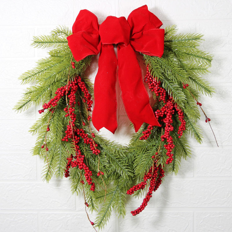 17.7 Inch Artificial Christmas Pine Needle Wreath with Red Berries and Red Bow for Front Door Wall Hanging Home Decor