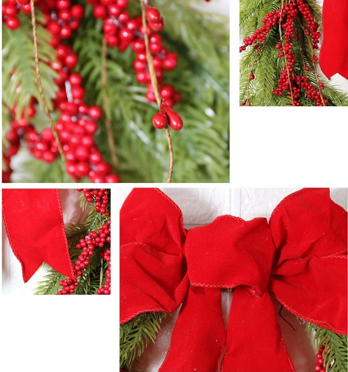 17.7 Inch Artificial Christmas Pine Needle Wreath with Red Berries and Red Bow for Front Door Wall Hanging Home Decor
