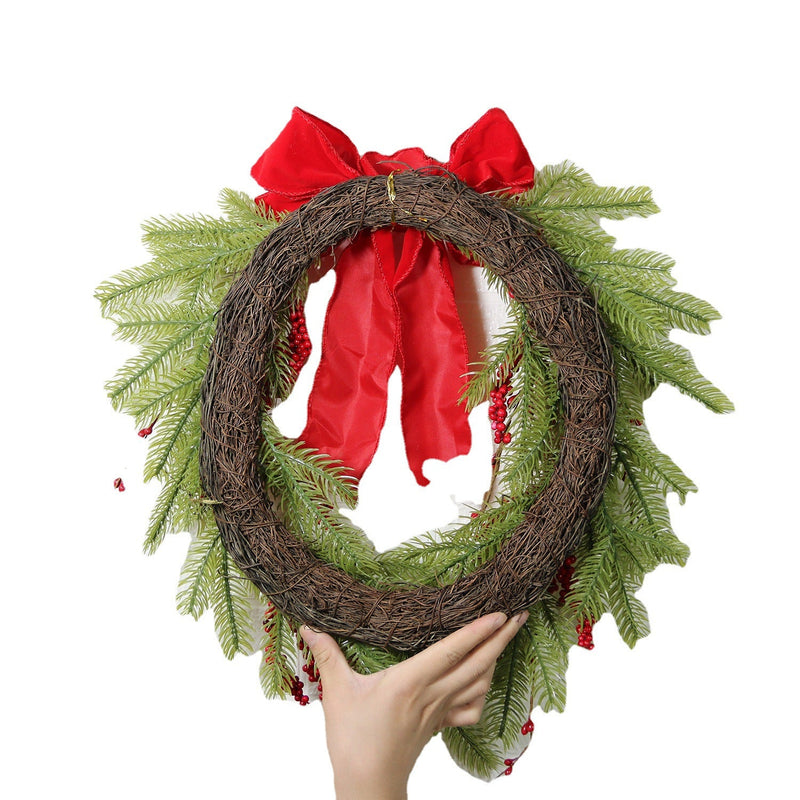 17.7 Inch Artificial Christmas Pine Needle Wreath with Red Berries and Red Bow for Front Door Wall Hanging Home Decor
