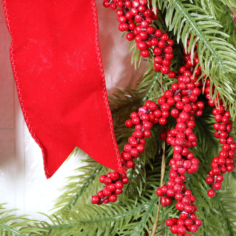 17.7 Inch Artificial Christmas Pine Needle Wreath with Red Berries and Red Bow for Front Door Wall Hanging Home Decor