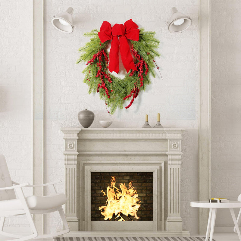 17.7 Inch Artificial Christmas Pine Needle Wreath with Red Berries and Red Bow for Front Door Wall Hanging Home Decor