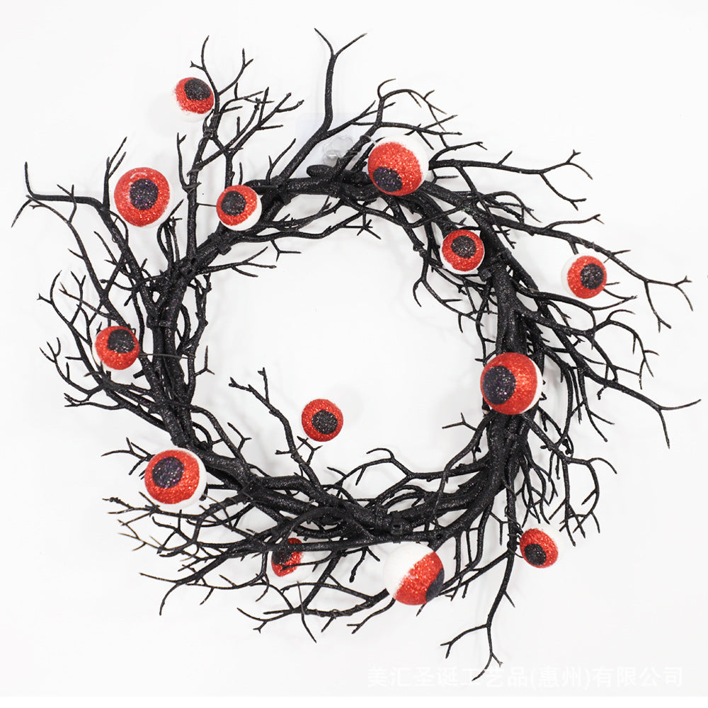 17 Inch Artificial Spooky Eyeball Wreath Black Glowing Halloween Front Door Decor
