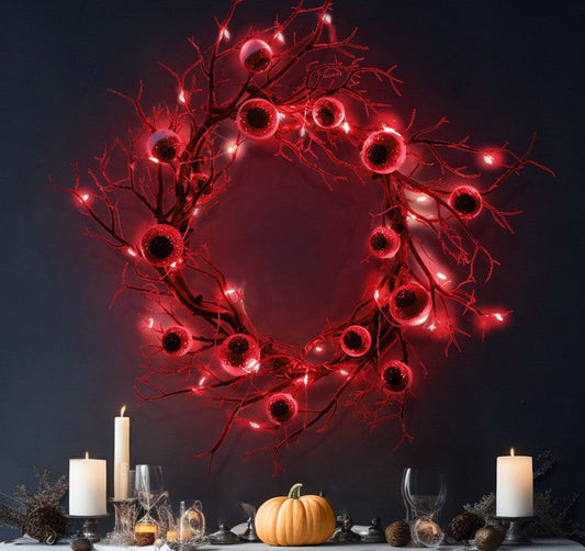 17 Inch Artificial Spooky Eyeball Wreath Black Glowing Halloween Front Door Decor