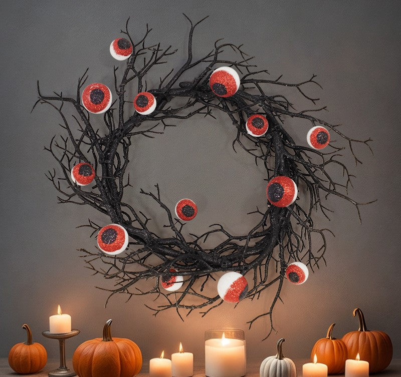 17 Inch Artificial Spooky Eyeball Wreath Black Glowing Halloween Front Door Decor