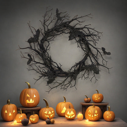 17 Inch Black Manzanita Branch Wreath, 1 Pc Artificial Bat Tree Twig Decoration for Halloween Front Door
