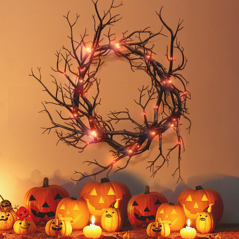 17 Inch Black Artificial Tree Branch Wreath with Glowing Twigs, Halloween Front Door Decoration, Bulk Pack