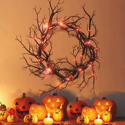 17 Inch Black Artificial Tree Branch Wreath with Glowing Twigs, Halloween Front Door Decoration, Bulk Pack