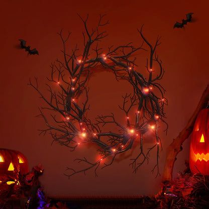 17 Inch Black Artificial Tree Branch Wreath with Glowing Twigs, Halloween Front Door Decoration, Bulk Pack