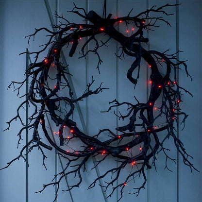 17 Inch Black Artificial Tree Branch Wreath with Glowing Twigs, Halloween Front Door Decoration, Bulk Pack