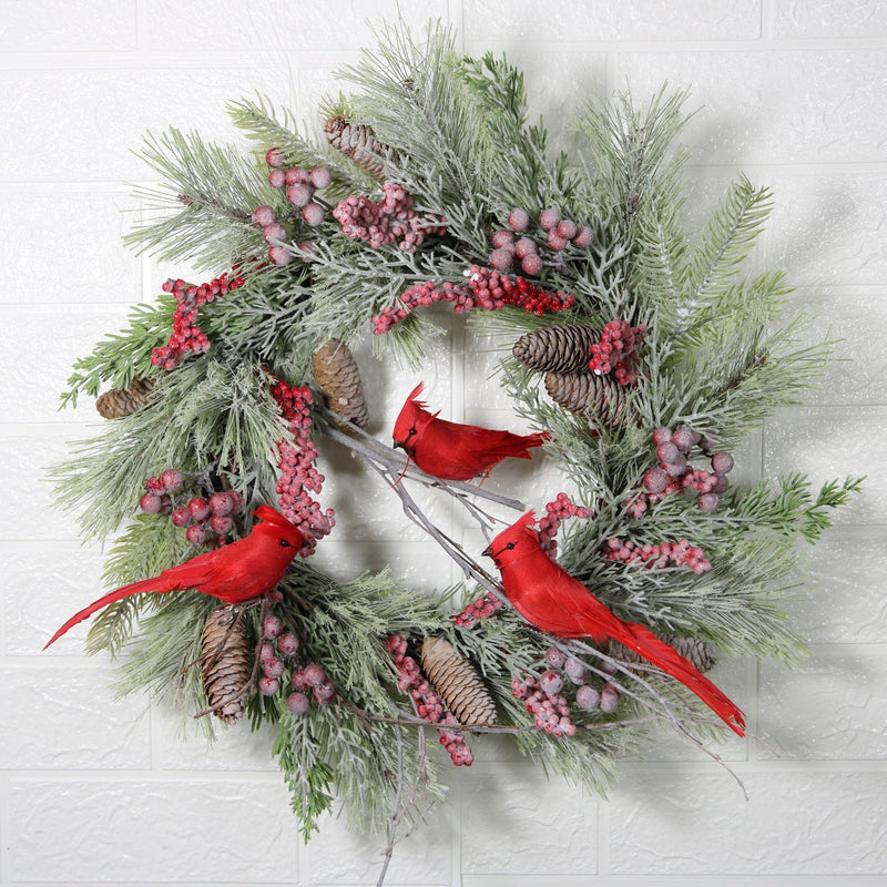 17 Inch Christmas Wreath with Red Cardinal Ornaments, Farmhouse Style, Indoor Outdoor Front Door Wall Hanging, Bulk Pack