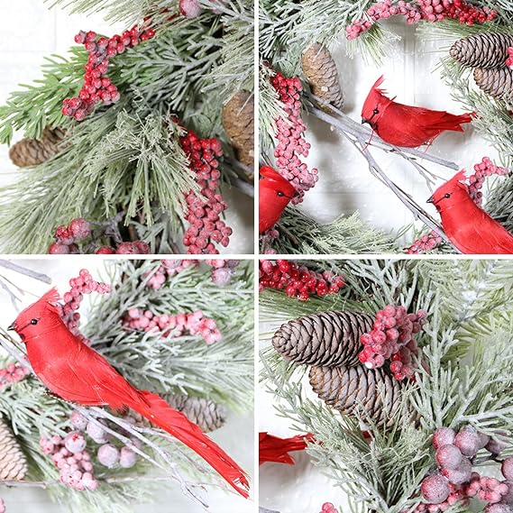 17 Inch Christmas Wreath with Red Cardinal Ornaments, Farmhouse Style, Indoor Outdoor Front Door Wall Hanging, Bulk Pack