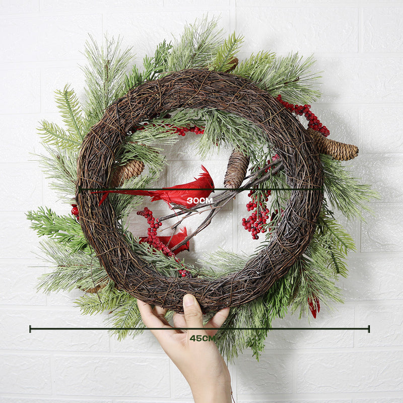 17 Inch Christmas Wreath with Red Cardinal Ornaments, Farmhouse Style, Indoor Outdoor Front Door Wall Hanging, Bulk Pack