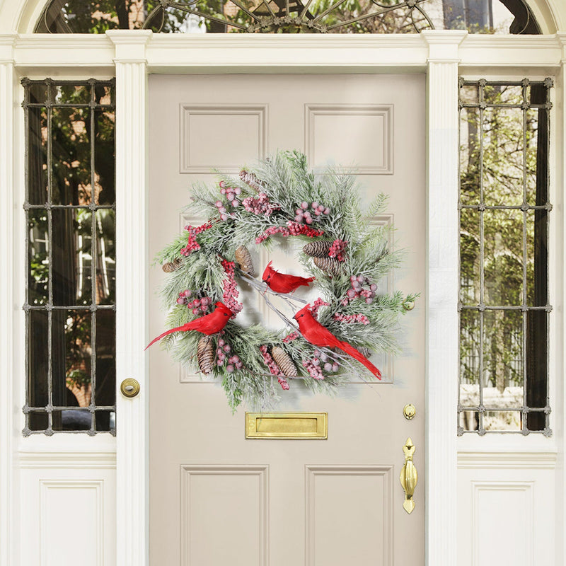 17 Inch Christmas Wreath with Red Cardinal Ornaments, Farmhouse Style, Indoor Outdoor Front Door Wall Hanging, Bulk Pack