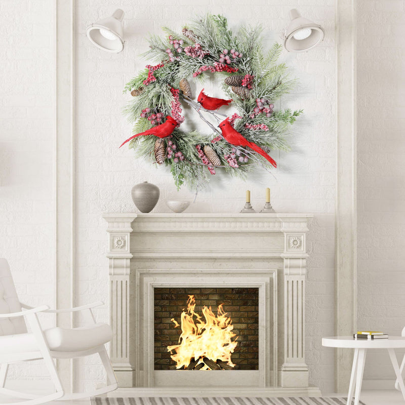 17 Inch Christmas Wreath with Red Cardinal Ornaments, Farmhouse Style, Indoor Outdoor Front Door Wall Hanging, Bulk Pack