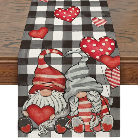 Bulk 1pc Plaid Gnomes Love Valentine's Day Linen Table Runner Anniversary Wedding Holiday Kitchen Dining Table Decoration for Indoor Outdoor Wholesale
