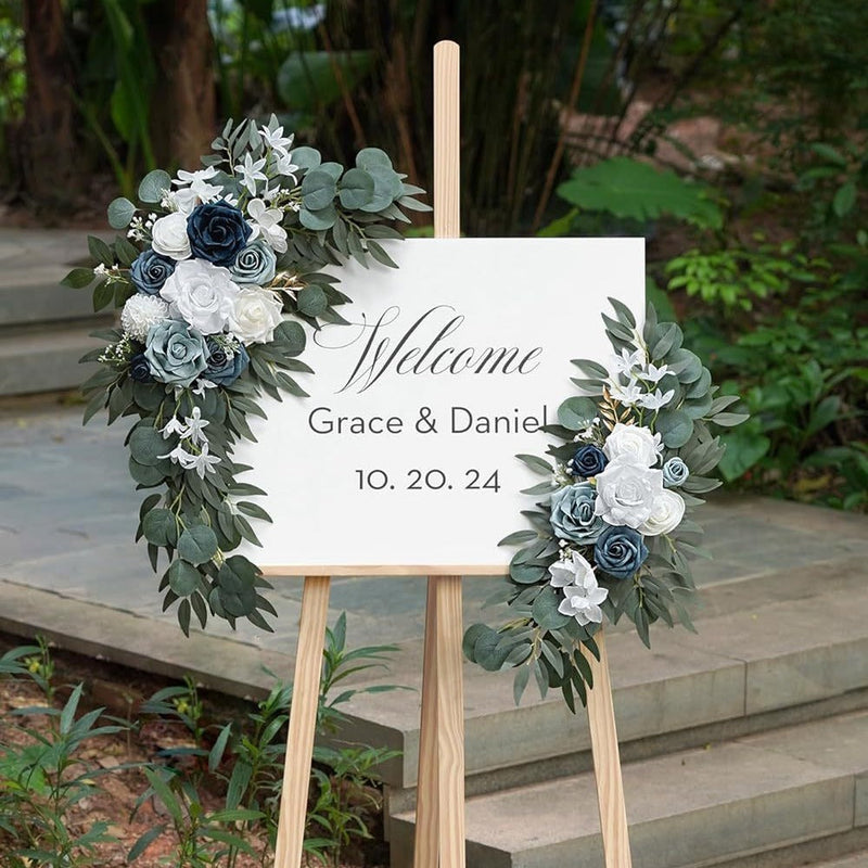 2 Pcs White Navy Artificial Silk Rose Flowers for Entryway Wedding Decor Bulk Set