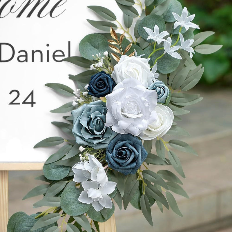 2 Pcs White Navy Artificial Silk Rose Flowers for Entryway Wedding Decor Bulk Set