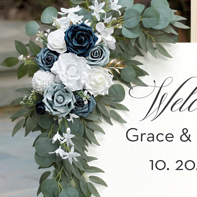 2 Pcs White Navy Artificial Silk Rose Flowers for Entryway Wedding Decor Bulk Set