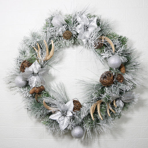 29 Inch Pine Needle Christmas Wreath with Antler Rattan Ball Ornament for Front Door, Artificial Holiday Decor