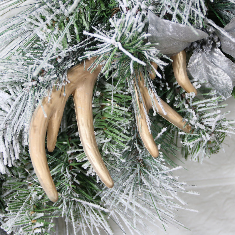 29 Inch Pine Needle Christmas Wreath with Antler Rattan Ball Ornament for Front Door, Artificial Holiday Decor