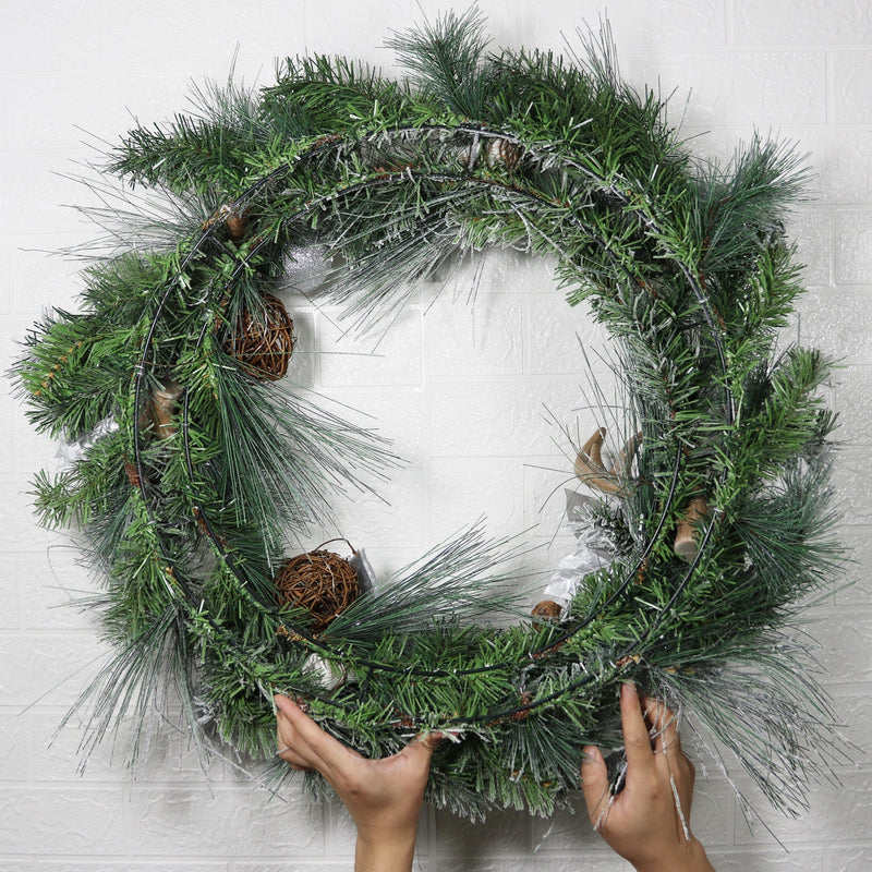 29 Inch Pine Needle Christmas Wreath with Antler Rattan Ball Ornament for Front Door, Artificial Holiday Decor