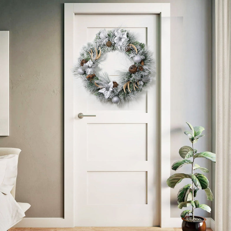 29 Inch Pine Needle Christmas Wreath with Antler Rattan Ball Ornament for Front Door, Artificial Holiday Decor