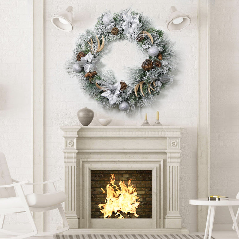 29 Inch Pine Needle Christmas Wreath with Antler Rattan Ball Ornament for Front Door, Artificial Holiday Decor