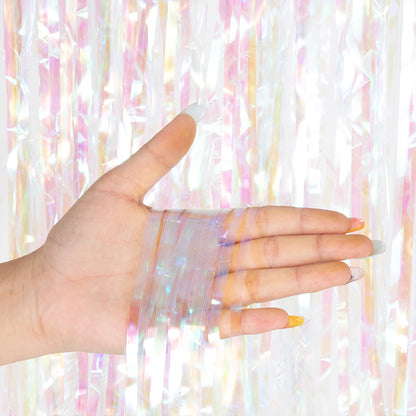 Bulk 2 Pcs Clear Iridescent Foil Fringe Backdrop Curtains Door Streamers for Wedding New Year Bachelorette Birthday Party Decoration Wholesale