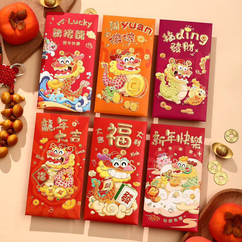 Bulk 6pcs Dragon Year Red Envelope Creative Red Packet Lucky Money Chinese New Year Gift for Spring Festival Wedding Birthday Greeting Wholesale