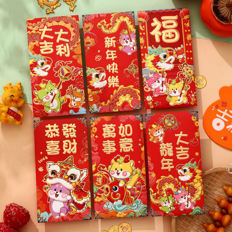 Bulk 6pcs Dragon Year Red Envelope Creative Red Packet Lucky Money Chinese New Year Gift for Spring Festival Wedding Birthday Greeting Wholesale