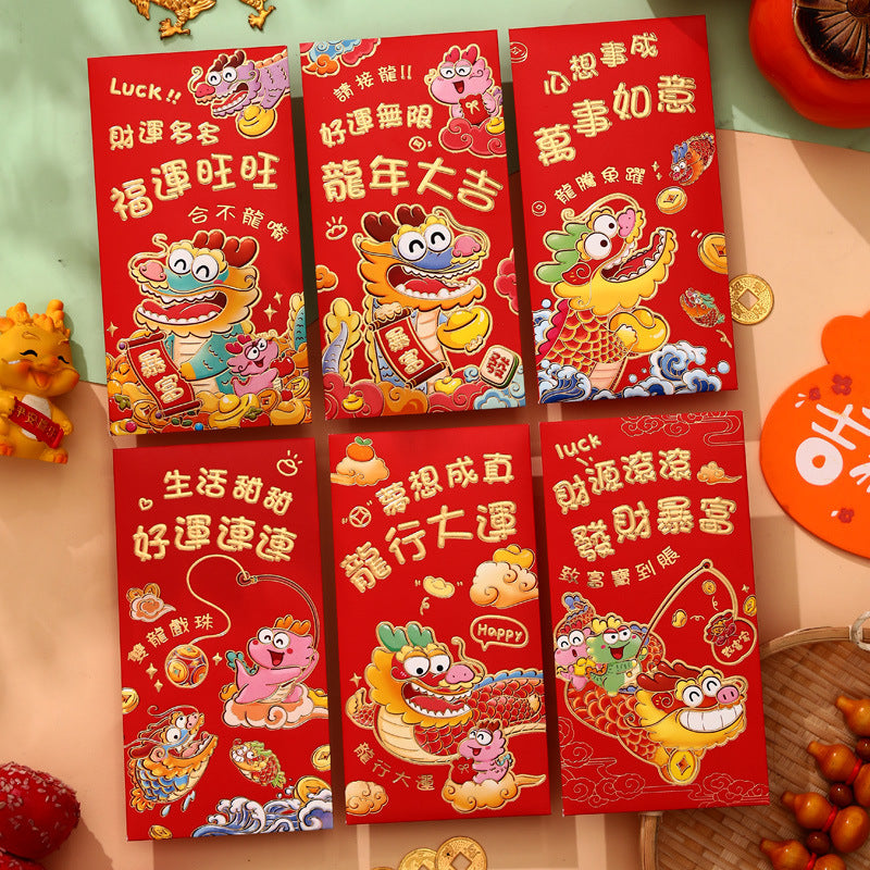 Bulk 6pcs Dragon Year Red Envelope Creative Red Packet Lucky Money Chinese New Year Gift for Spring Festival Wedding Birthday Greeting Wholesale