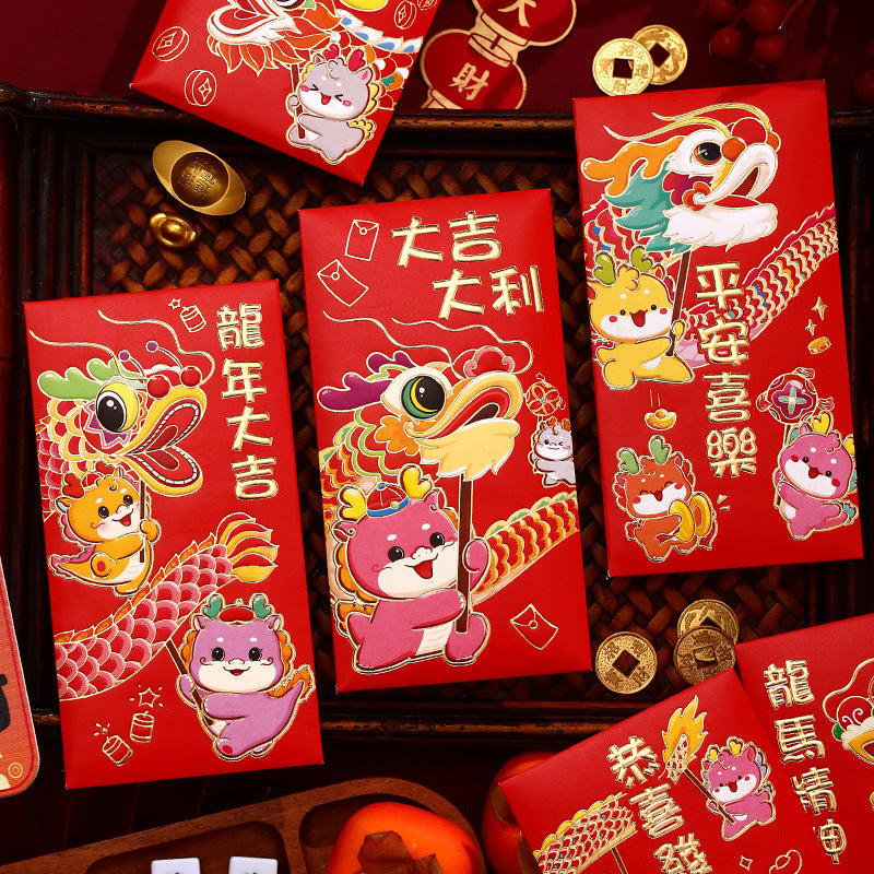 Bulk 6pcs Dragon Year Red Envelope Creative Red Packet Lucky Money Chinese New Year Gift for Spring Festival Wedding Birthday Greeting Wholesale